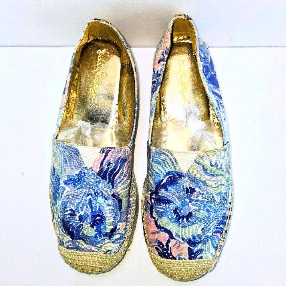LILLY PULITZER Shoes Marlo SlipOn Espadrille Platform Flats Gold Lining Women 6M